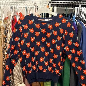 twik Navy Crewneck Sweater with Orange Floral Jacquard